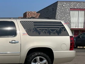 Fit 2007-2014 Chevy Suburban Yukon XL Quarter Window American Flag Mountain BLK
