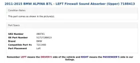 51717188413 BMW Alpina Left Firewall Sound Absorber Upper #3
