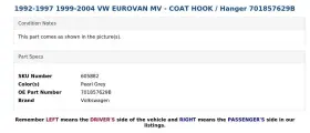 701857629B VOLKSWAGEN Coat Hook Hanger Mv Vw Eurovan #3